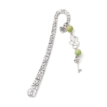 Mother's Day Key & Infinity Love Heart Pendant Bookmark with Natural Mashan Jade, Flower Pattern Tibetan Style Alloy Hook Bookmarks, 124x21x3mm, Pendant: 74x8.5x8.5mm