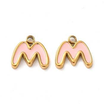 304 Stainless Steel Enamel Charms, Real 14K Gold Plated, Letter, Letter M, 7.5x8x1.3mm, Hole: 1.2mm
