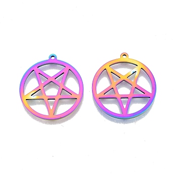 Ion Plating(IP) 201 Stainless Steel Pendants, Hollow, Ring with Star, Rainbow Color, 27x25x1.5mm, Hole: 1.4mm