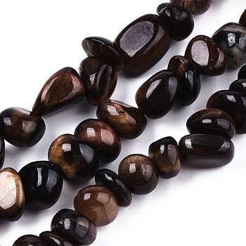 Natural Tiger Eye Beads Strands, Dyed, Tumbled Stone, Nuggets, Coconut Brown, 3~12x6~10x6~10mm, Hole: 1.2mm, about 52~58pcs/strand, 14.96~15.35 inch(38~39cm)