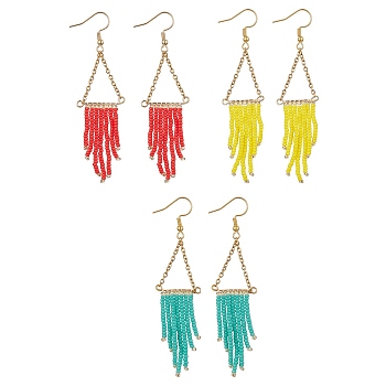 Triangle Tassel Glass Seed Braided Dangle Earrings, 304 Stainless Steel Earring for Women, Mixed Color, 81x23mm