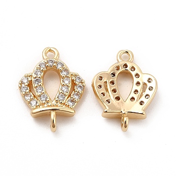Rack Plating Brass Micro Pave Clear Cubic Zirconia Connector Charms, Long-Lasting Plated, Cadmium Free & Lead Free, Crown Links, Real 14K Gold Plated, 15x11x3mm, Hole: 1.2mm