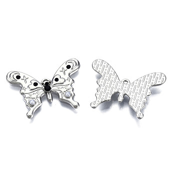 Rack Plating Alloy Pendants, with Rhinestone and ABS Plastic Imitation Pearl, Cadmium Free & Lead Free, Platinum, Butterfly, Jet, 20x27x3mm, Hole: 1mm