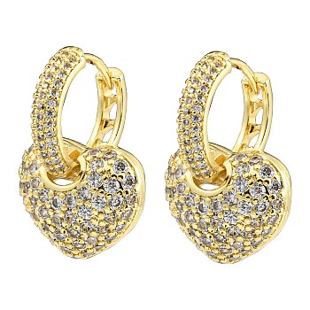 Cubic Zirconia Heart Dangle Hoop Earring, Brass Earrings for Women, Real 18K Gold Plated, 24x16mm