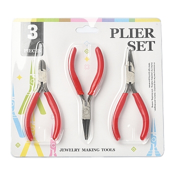 Steel Pliers Set, with Plastic Handles, including Side Cutter Pliers, Round Nose Plier, Needle Nose Wire Cutter Plier, Red, 113~126x48~52x6~10mm, 3pcs/set