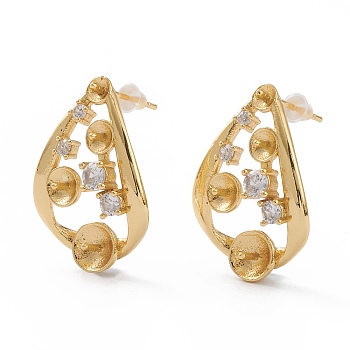 Brass Micro Pave Clear Cubic Zirconia Earrings, with Steel Pin and Plastic Ear Nuts, for Half Drill Beads, Long-Lasting Plated, Real 18K Gold Plated, 25x18x5mm, Pin: 0.8mm, tray: 3~3.5mm, pin: 1mm(for half drill Beads)