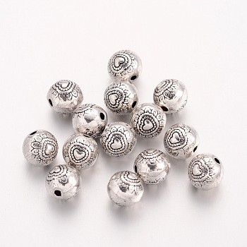 Tibetan Style Alloy Beads, Round with Heart Pattern, Cadmium Free & Nickel Free & Lead Free, Antique Silver, 6mm, Hole: 1mm
