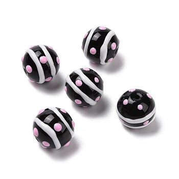 Handmade Lampwork Enamel Beads Strands, Round with Polka Dot and Stripe, Black, 12~13mm, Hole: 1.6mm, about 30pcs/strand