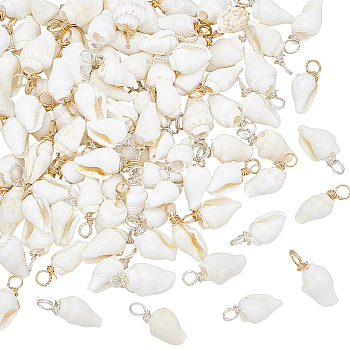 100Pcs 2 Colors Natural Trumpet Shell Pendants, Shell Shaped Charms with Copper Wire Loops, White, Golden & Silver, 16mm, Hole: 2.5~3mm, 50pcs/color