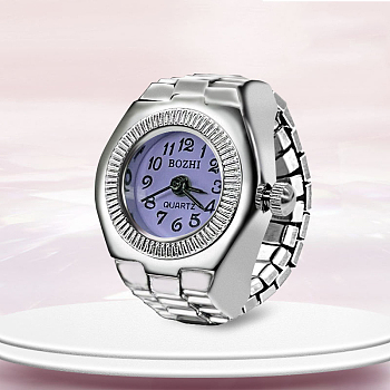 201 Stainless Steel Stretch Watchband Finger Ring Watches, Flat Round Quartz Watch for Unisex, Lilac, 15x18mm, Watch Head: 19x27mm, Watch Face: 11.5mm