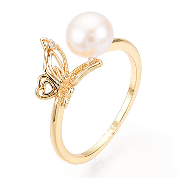 Natural Pearl Open Cuff  Ring Micro Pave Clear Cubic Zirconia, Brass Finger Rings, Butterfly, Real 18K Gold Plated, US Size 6 3/4(17.1mm)