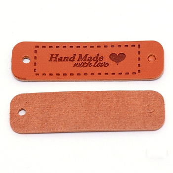 PU Leather Labels, Handmade Embossed Tag, with Holes, for DIY Jeans, Bags, Shoes, Hat Accessories, Rectangle with Word Handmade with Love, Dark Orange, 15x55x1mm, Hole: 3mm