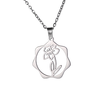 Stainless Steel Pendant Necklaces, March Daffodil, 16.14~19.69 inch(41~50cm)