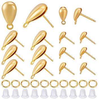 Teardrop Brass Stud Earring Findings, with Brass Jump Rings and Plastic Ear Nuts, Nickel Free, with Loop, Real Gold Plated & Real Platinum Plated, 12~17x8.5~9mm, Hole: 0.9~1.8mm, Pin: 0.7~0.8mm