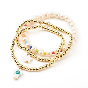 Stretch Bracelets, with Natural Cultured Freshwater Pearls, Glass Seed Beads and Freshwater Shell Beads, Brass Beads, Real 18K Gold Plated, Inner Diameter: 2-1/8~2-5/8 inch(5.3~6.8cm), 3pcs/set