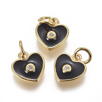 Brass Micro Pave Cubic Zirconia Pendants, with Enamel, Heart, Golden, Black, 10x9x2mm, Hole: 3mm