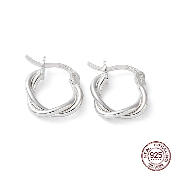 Rhodium Plated 925 Sterling Silver Hoop Earrings, Twist Wire, with S925 Stamp, Real Platinum Plated, 14x3x13mm