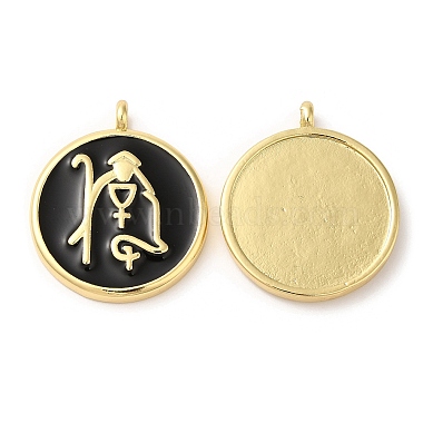 Real 18K Gold Plated Black Flat Round Brass+Enamel Pendants