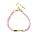3MM Braided Round Imitation Leather Cord Bracelet Making, with 202 Stainless Steel Lobster Clasps & Brass Beadable Bar, Golden, Rack Plating, Long-Lasting Plated, Pink, 7-1/8 inch(18.2cm)(MAK-S075-01G-R)