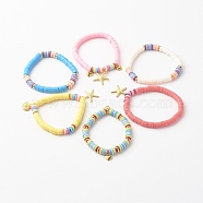 Handmade Polymer Clay Heishi Beads Stretch Bracelets, with Brass Spacer Beads and Alloy Pendants, Mixed Shape, Mixed Color, Inner Diameter: 1-3/4~1-7/8 inch(4.5~4.8cm)(BJEW-JB0001-CPQ)