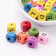 Mixed Lead Free Natural Wood Beads, Horizontal Hole, Dyed, Cube with Letter, 10x10x10mm, hole: 3mm(X-TB107Y)