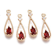 Brass Micro Pave Cubic Zirconia Pendants, with Glass, Teardrop, Long-Lasting Plated, Light Gold, Red, 17.5x6x2.5mm, Hole: 1mm(X-KK-R111-003-A02)