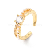 Clear Cubic Zirconia Diamond Open Cuff Ring with Plastic Pearl Beaded, Rack Plating Brass Jewelry for Women, Cadmium Free & Lead Free, Real 18K Gold Plated, Inner Diameter: 17mm(RJEW-C058-02G)