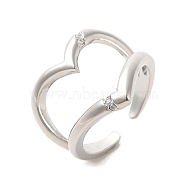 Heart Brass Micro Pave Cubic Zirconia Open Cuff Rings, Wide Band Rings, Platinum, Inner Diameter: 17mm(RJEW-P098-12P)
