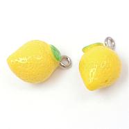 Lemon Resin Pendants, with Platinum Tone Iron Findings, Yellow, 20~24x12x12mm, Hole: 2mm(RESI-R184-01)