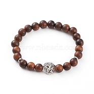 Round Natural Wood Beaded Stretch Bracelets, with Alloy Lion Head Beads and 304 Stainless Steel Spacer Beads, Sienna, Inner Diameter: 2-3/8 inch(6cm)(BJEW-JB05849-04)