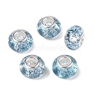 Epoxy Resin European Beads, Large Hole Beads, with Glitter Powder and Platinum Tone Brass Double Cores, Rondelle, Light Sky Blue, 14x9mm, Hole: 5mm(RPDL-N015-02B-1)