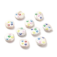 Natural Baroque Pearl Keshi Pearl Beads, with Colorful Enamel, Flat Round with Evil Eye, Seashell Color, 17~21x16~17x6.5mm, Hole: 0.9~1mm(FIND-M006-01)