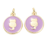 Brass Enamel Pendants, Long-Lasting Plated, Real 18K Gold Plated, Flat Round with Cat, Violet, 15.5x12.5x2mm, Hole: 3mm(ZIRC-J041-02A)