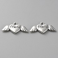 Tibetan Style Alloy Pendants,  Heart Wing with Word Charms, Antique Silver, 12.5x26.5x3mm, Hole: 2mm(FIND-CJC0017-41)