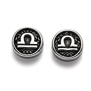 304 Stainless Steel Beads, Flat Round with Twelve Constellations, Antique Silver, Libra, 10x4mm, Hole: 1.8mm(STAS-J033-01G)