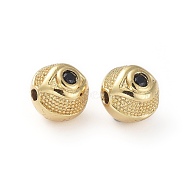 Brass Micro Pave Cubic Zirconia Beads, Round with Eye, Golden, Black, 7.5~8mm, Hole: 1.4mm(ZIRC-G157-57G-01)