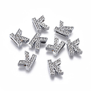 Alloy Initial Slide Charms with Grade A Rhinestones, Lead Free & Nickel Free, Platinum, Letter.K, 12.5x10x4.5mm, Hole: 8x2mm(ALRI-R032-K-FF)