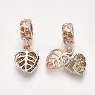 Alloy European Dangle Charms, with Rhinestone, Large Hole Pendants, Leaf, Colorful, Platinum & Rose Gold, 27.5mm, Hole: 5mm(MPDL-S066-075)
