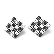 Resin Stud Earrings, with 925 Sterling Silver Pins, Rhombus, Platinum, Smiling Face Pattern, 41x41mm, Pin: 0.6mm, Side Length: 30mm(EJEW-I257-01G)