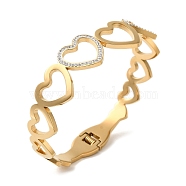 Titanium Steel Crystal Rhinestone Hollow Heart Hinged Bangles for Women, Real 18K Gold Plated, Inner Diameter: 1-7/8x2-3/8 inch(4.9x6.1cm), 16mm(BJEW-G719-19G)