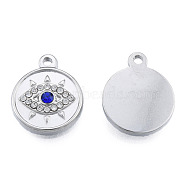 304 Stainless Steel Pendants, with Montana Rhinestone, Flat Round with Eye, Stainless Steel Color, 19x15.5x3mm, Hole: 1.6mm(STAS-N098-164P)