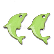 201 Stainless Steel Enamel Pendants, Dolphin, Stainless Steel Color, Green Yellow, 17x11.5x1.5mm, Hole: 1.2mm(STAS-N088-16F)