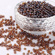 Glass Seed Beads, Trans. Colours Lustered, Round, Dark Goldenrod, 3mm, Hole: 1mm, about 10000pcs/pound(SEED-A006-3mm-102C)