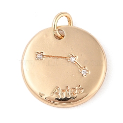 Brass with Clear Cubic Zirconia Pendants, with Jump Rings, Flat Round, Aries, 15.5x2mm, Hole: 3.5mm(KK-N256-24A-G)