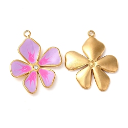 304 Stainless Steel Enamel Pendants, with Rhinestones, Real 18K Gold Plated, Flower Charm, Violet, 21.5x17x2.5mm, Hole: 1.5mm(X-STAS-K256-10G-04)
