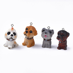 Resin Puppy Pendants, with Platinum Tone Iron Findings, Dog, Mixed Color, 36~37x20~21x22~23mm, Hole: 2mm
(X-RESI-T028-02)