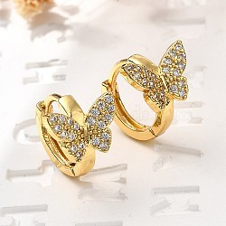 Butterfly Brass Hoop Earrings, with Clear Cubic Zirconia, Real 18K Gold Plated, 12.5x11.5x14mm(EJEW-S256-04A-G)