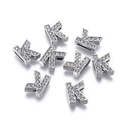 Alloy Initial Slide Charms with Grade A Rhinestones, for Personalized Name Necklaces Making, Lead Free & Nickel Free, Platinum, Letter.K, 12.5x10x4.5mm, Hole: 8x2mm(ALRI-R032-K-FF)