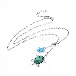 Tortoise Brass Synthetic Malachite Lariat Necklaces, with Synthetic Turquoise Starfish/Sea Stars Beads and 304 Stainless Steel Findings, 20.4 inch(52cm), 2mm(NJEW-JN02456-01)