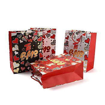 4 Colors Valentine's Day Love Paper Gift Bags, Rectangle Shopping Bags, Wedding Gift Bags with Handles, Mixed Color, Word, Unfold: 23x18x10.3cm, Fold: 23.3x18x0.4cm